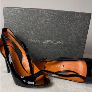 Via Spiga Black Patent Peep Toe Slingback Heels